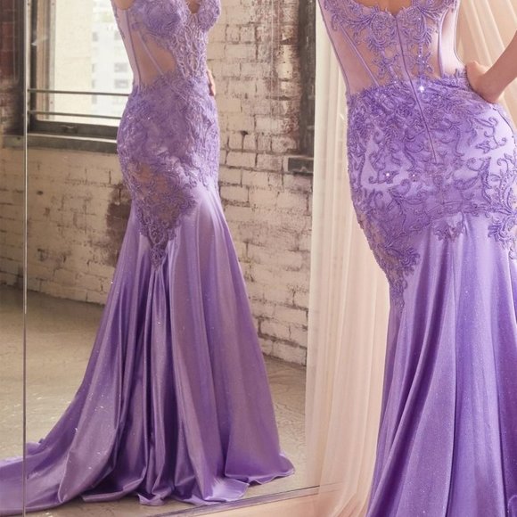 NEW LONG FORMAL PROM MERMAID SATIN GOWN EMBROIDERED WITH LACE & SEQUINS CDS470 - Picture 7 of 10